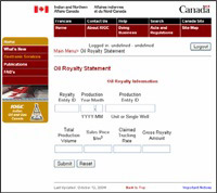 screen capture of the Oil Royalty Statement menu
